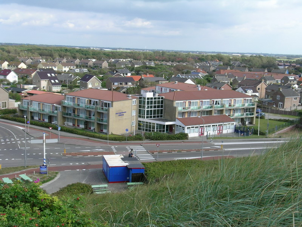 Foto Beach Appartement Callantsoog von der Düne aus gesehen, dahinter Häuser und im Vordergrund Dünengras